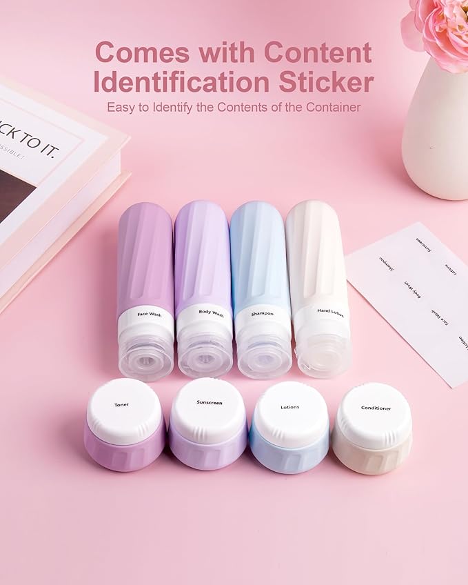 Travel Bottles for Toiletries 8 Pack, Travel Size Toiletries, Tsa Approved Travel Size Containers 3oz, with Travel Essentials Clear Bag, Leak Proof Silicone Squeezable Creams Jars