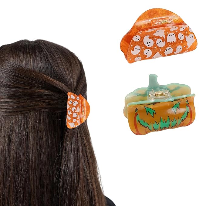 2 Pcs Halloween Hair Claw Clips Glow in the Dark Hair Clips Pumpkin Ghost Hair Claws Halloween Party Hair Claw Clips Cute Hair Accessories for Women's Thin or Thick Hairs (Luminous)