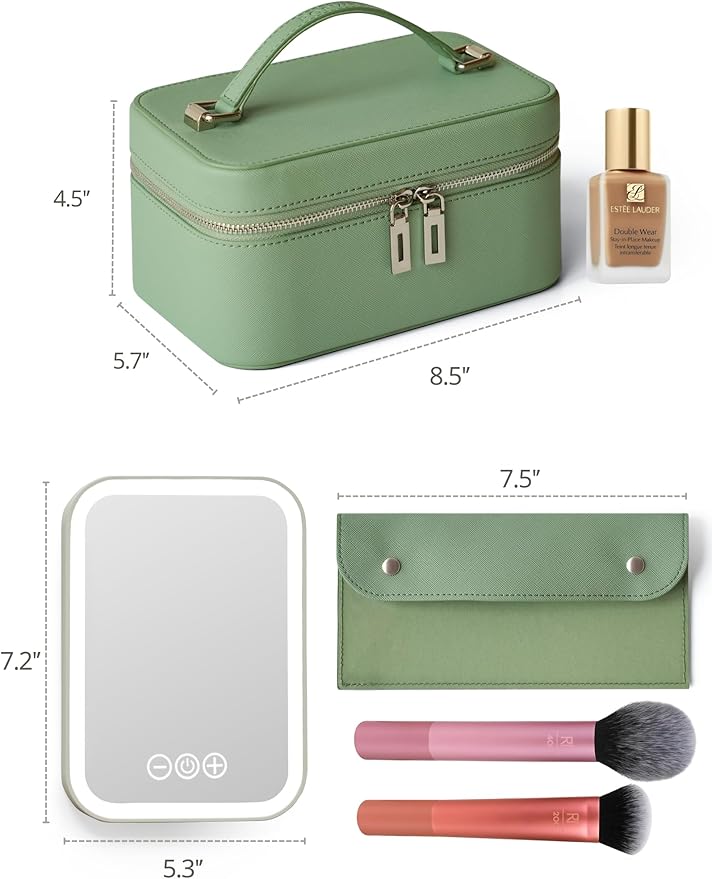 Popvibe Travel Vanity Case with Mirror and Light, Compact Traveling Makeup Bag Set with Brush Holder, Sage Green Leather Cosmetic Case Lighted Up Makeup Vanity Bag Portable Make Up Box Train Case Cute