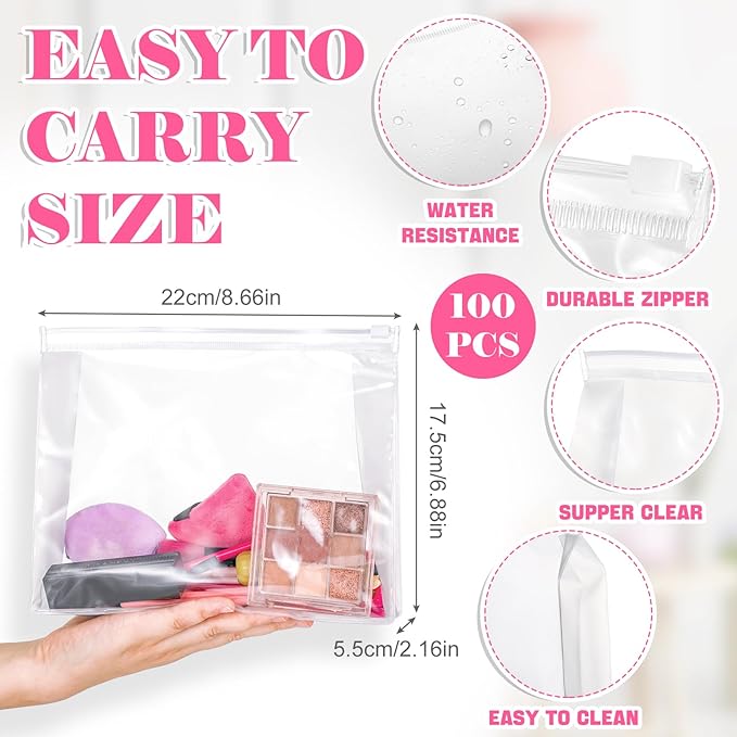 Xuniea 100 Pcs Mini Clear Makeup Bag PVC Small Travel Toiletry Organizer Pouches Bulk Waterproof Transparent Plastic Cosmetic Bag with Zipper for Women Men Travel(8.6'')