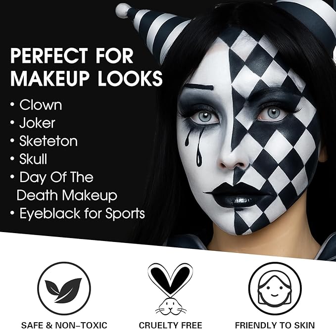 BOBISUKA Black & White Painting Kit - 2 Face Body Paint Sticks with 2 Paintbrushes & 2 Sponges Halloween Makeup Set for Clown Skeleton Skull Cosplay Special Effects Costume SFX , Eye Black for Sports