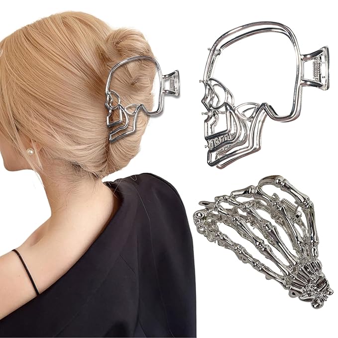 AIUPUOC Skull Hair Clips for Women: 2Pcs Large Gothic Silver Metal Hair Claw Clips for Thick Hair - Halloween, Spider, Skeleton Hand Designs