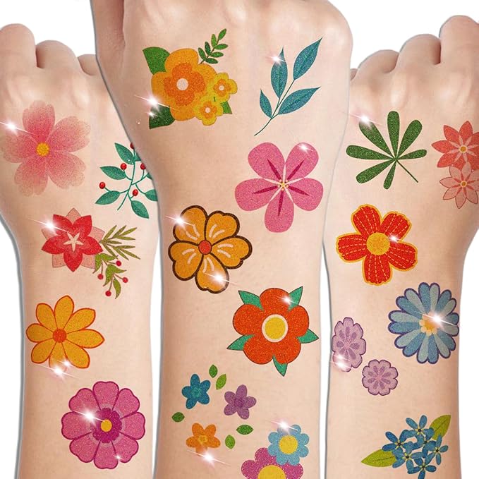 Glitter Flower Temporary Tattoos for Girls - 74 Individually Sheets | Waterproof & Easy Peel | Kids Birthday Party Favors, Flower Theme Decorations