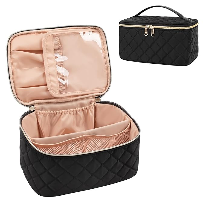 OCHEAL Portable Cosmetic Bag For Women, Large Capacity Travel Makeup Case Organizer, Rhombus Black, Toiletry Bag for Girls Traveling With Handle and Divider