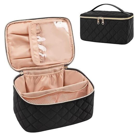 OCHEAL Portable Cosmetic Bag For Women, Large Capacity Travel Makeup Case Organizer, Rhombus Black, Toiletry Bag for Girls Traveling With Handle and Divider