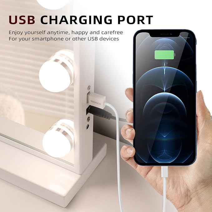 Fenair Vanity Mirror with Lights 22.8"x 18.1" Makeup Mirror with Lights and 15 Dimmable Bulbs,3 Colors Modes,Hollywood Mirror with USB Charging Port and 10X Detachable Magnification Mirror（Black）