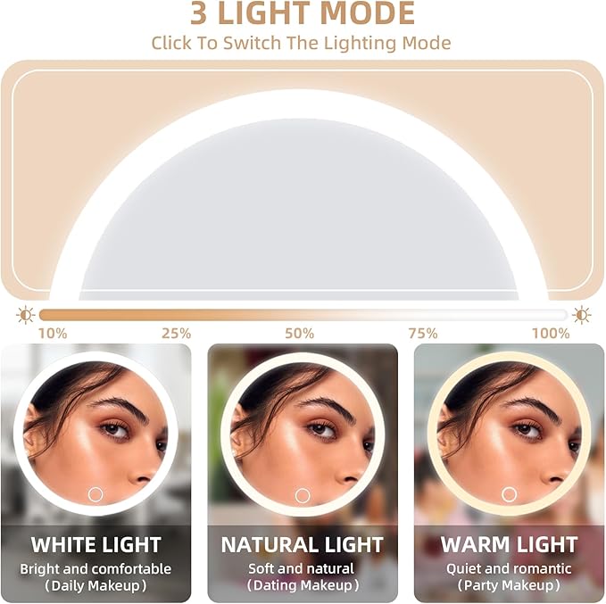 30X Magnifying Mirror with Lights, 6inch Makeup Magnifying Mirror, Travel 30x High Magnification with 3 Color Dimmable Lights - 3 Suction Cups & Adjustable Stand, for Detailed Makeup/Shaving