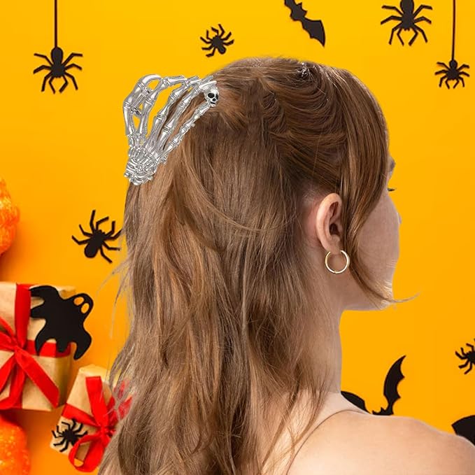 3 Pcs Halloween Hair Claw Clips Black and Golden Skeleton Hand Hair Styling Accessories for Women Girls, Gothic Large Medium Size Catch Clips for Thick Hair Horror Theme Party