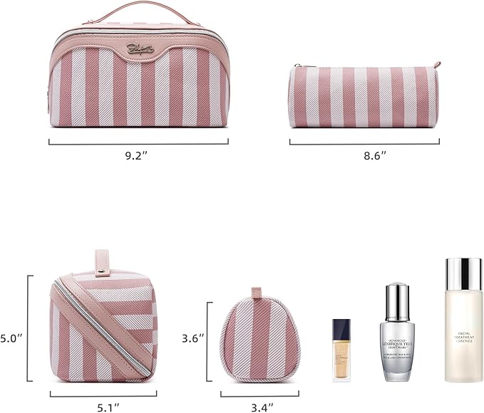 BOYATU Travel Makeup Bag for Women: Large Cosmetic Bag Set of 3 - PU Leather Make up Bag with Compartments - Compact Waterproof Toiletry Bag with Divider & Handle (A-01Pink)
