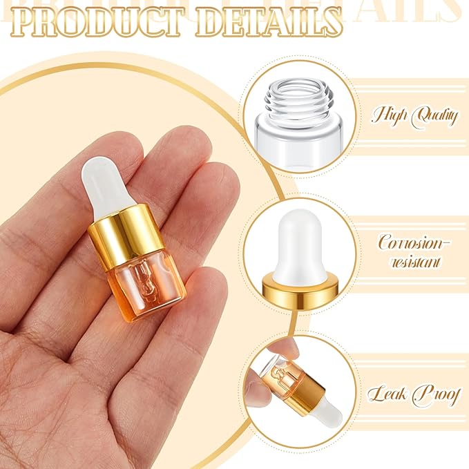 100 Pcs Mini Glass Oil Dropper Bottle Bulk, Clear Essential Small Empty Bottles Sample Containers Perfume Liquid Vials with Cap for Traveling (1 ml,Gold)