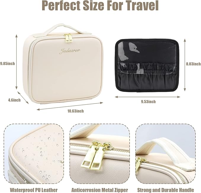 Portable Travel Makeup Bag with Lighted Mirror, 3 Color Brightness, Beige
