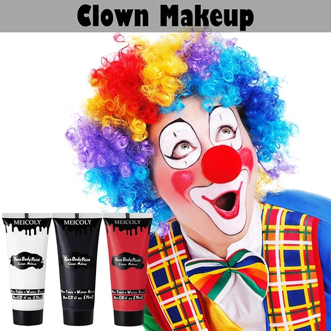 MEICOLY Black White Red Face Body Paint with Setting Powder and Sponges,Clown White Devil Joker Face Paint Makeup,Waterbased Body Paint,Halloween Face Painting for Vampire Skeleton Spiderman