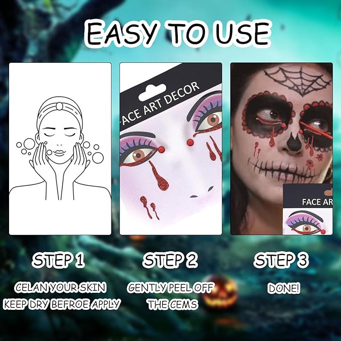 3 Pcs Halloween Face Stickers for Women, Day of the Dead Rhinestone Face Jewels Terrible Bloodstain and Spider Webs Face Gems Jewels,Glitter Face Tattoo Stickers for Halloween Rave Party Cosplay