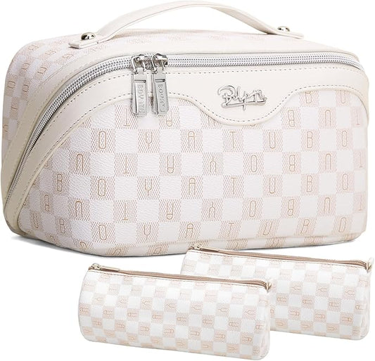 BOYATU Travel Makeup Bag Cosmetic Bags for Women: 3 Pcs Set Portable Make up Bag with Handle - Vegan Leather Toiletry Bags with Compartments - Makeup Organizer for Travel Essentials(02-White)