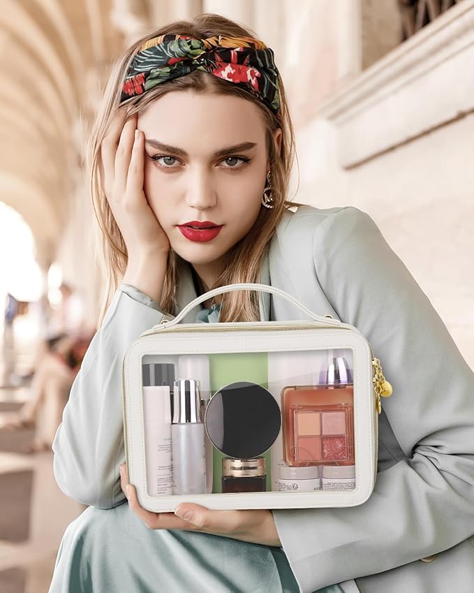 Clear Makeup Bag, Portable Travel Cosmetic Bags, Multipurpose Leather Toiletry Bag with Zipper, Waterproof Transparent Cosmetic Organizer for Women, Large, Beige