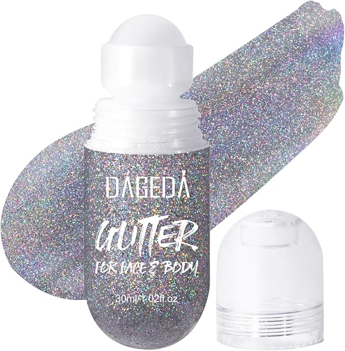 DAGEDA Body Glitter Gel, Roll-on Face Glitter for Mermaid Makeup Festival Rave Accessories, Holographic Hair Glitter Gel,Body Shimmer Halloween Makeup for Rave Party (Silver)