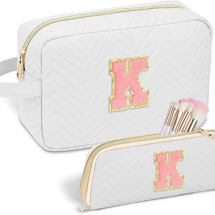 Personalized Initial Makeup Bag Trendy Stuff Leather Waterproof Cosmetic Bag Travel Toiletry Bag, Makeup Organizer Case Mother's Day/Birthday/Graduation Gifts for Women Girls Mom Girlfriend White.