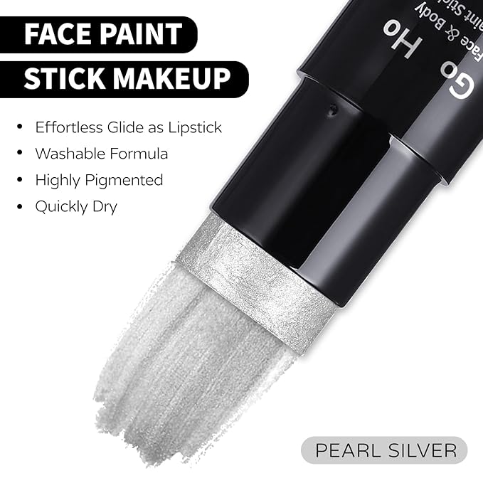Go Ho Pearl Silver Face Body Paint Stick,Water Based Washable Face Paint Stick,Non-toxic Full-coverage Cream Silver Body Paint for Adults Children Halloween Cosplay SFX Makeup