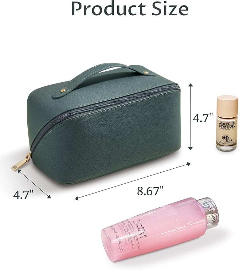 Yarnic Green Travel Makeup Bag Pouch Cosmetic Bag, Large Capacity Toiletry Bag for Women, Portable Pouch Cute Make Up Organizer with Divider and Handle, PU Leather (Gray Green)