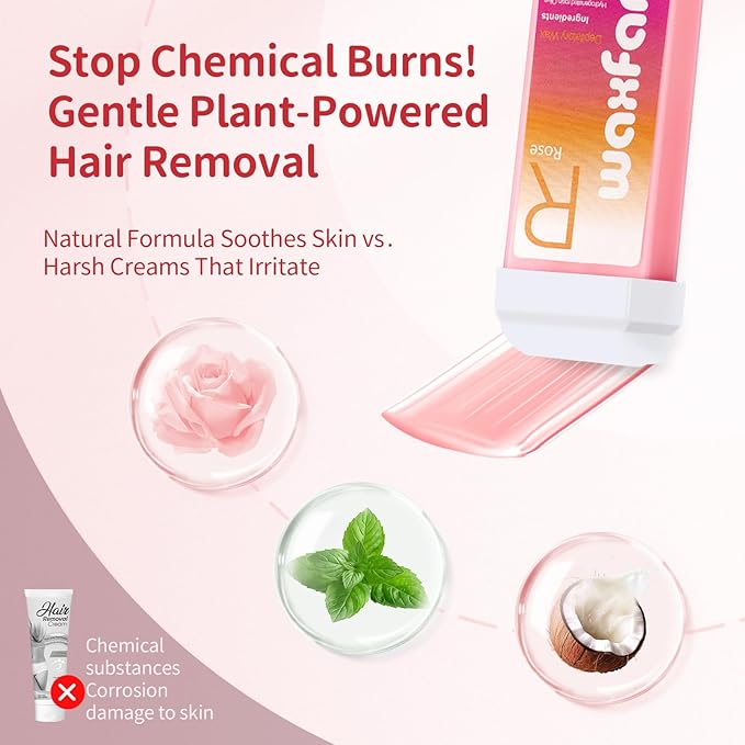 Wax Roller Kit- Easy Use Roll on Wax Kit with 4-6 Weeks Smooth Skin,Hair Remover for Larger Areas of the Body, Beginner-Friendly,with 50 Pcs Strips and 2 wax roller（Rose)