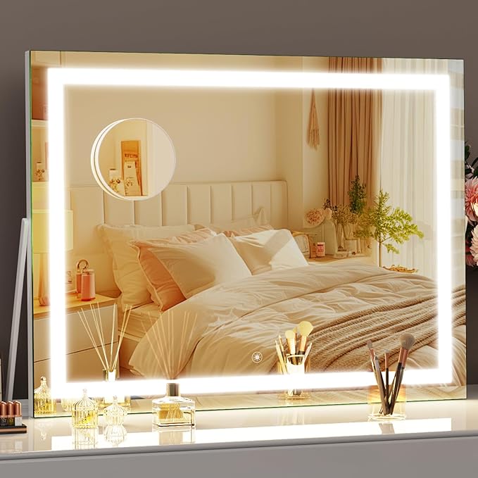 Vanity Mirror with Lights, 15"× 11" LED Makeup Mirror, Lighted Makeup Mirror with Lights, Smart Touch Control Dimmable 3 Modes Light 360°Rotation White