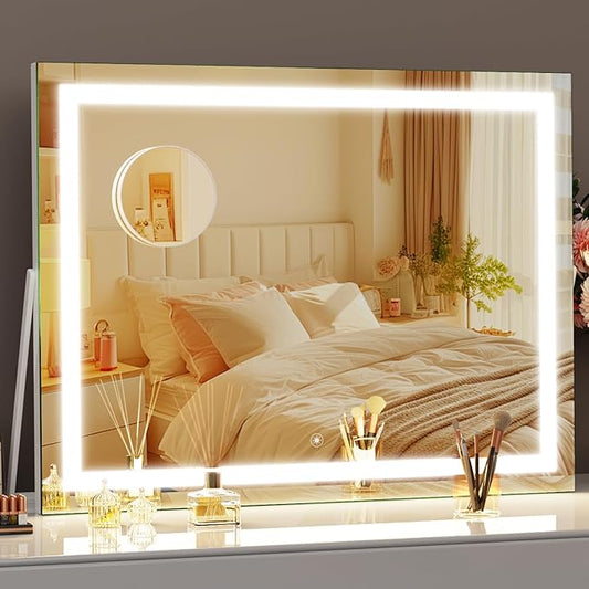 Vanity Mirror with Lights, 15"× 11" LED Makeup Mirror, Lighted Makeup Mirror with Lights, Smart Touch Control Dimmable 3 Modes Light 360°Rotation White