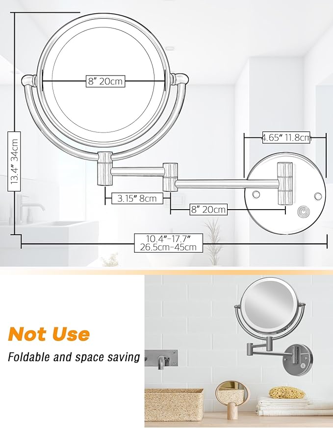 Wall Mounted Lighted Makeup Mirror with Magnification 5X, Rechargeable Magnifying Shaving Cosmetic Mirror with Extendable Swing Arm for Bathroom, Touch Stepless Dimming, Chrome