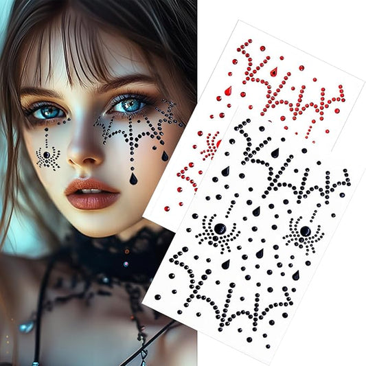 Red Black Face Gems, Halloween Face Rhinestone Makeup Festival Face Jewels, Spider Web Witch Scars Stick On Gems, Self-Adhesive Rhinestone Set for Halloween Cosplay