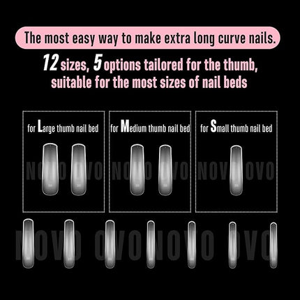 NOVO OVO Halloween Curved Nail Tips Press on Full Cover, Extra Curve Square Gel x Thick Long XL XXL Acrylic Fake Nails Extension kit, Clear Pre-etched French False Nail 12 Sizes 240pc QUEEN SQUARE PRO