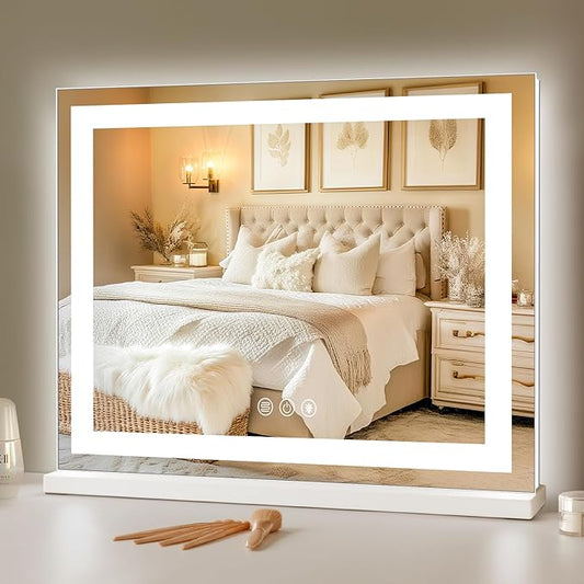 COOLJEEN RGB Vanity Mirror with Lights 23” X 18” Makeup Mirror with Front Light and RGB Backlit Lighted Makeup Mirror with 3 Color Lighting Dimmable Tempered Glass 10x Magnification and Wall-Mounted