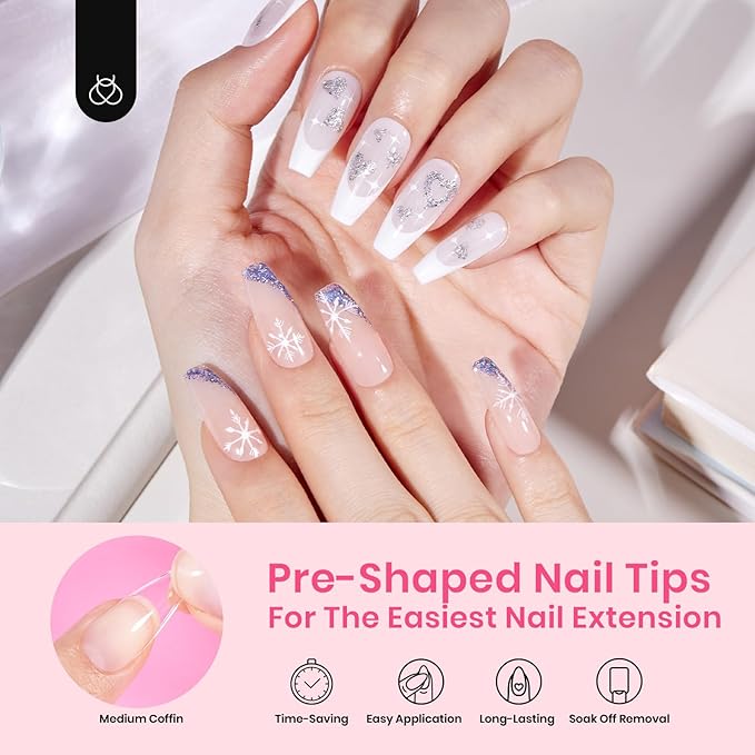 Beetles Gel Nail Tips Easy Nail Extension Pre-shaped Medium Coffin Nail Tips 12 Sizes 288Pcs Gelly Tips Clear Press on Nail Tips Full Cover False Nails Gifts for Girls Women