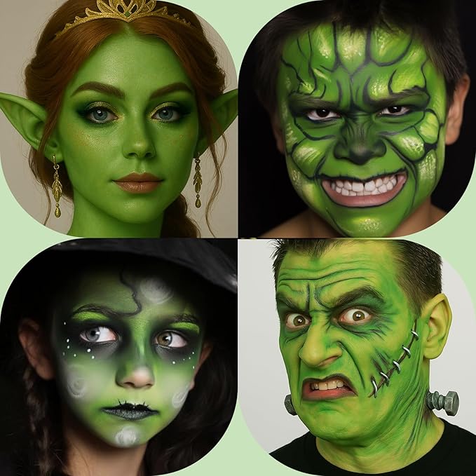 BOBISUKA Light Green Face Body Paint, Water-Based Face Painting for Halloween,Christmas & St. Patrick's Day, Kids Adults Facepaint for Witch Monster Gamora Goblin Grinch Hulk SFX Makeup Cosplay Party