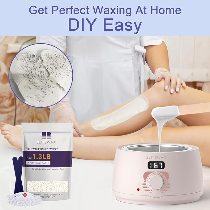 BLITZWAX Hair Removal Hard Wax Beads Unscented 1.3lb Waxing Beans Kit with 30 Nose Waxing Sticks for Sensitive Skin, Face, Back, Body, Brazilian and Coarse Hair, Home Wax Pearls for Men Women, White