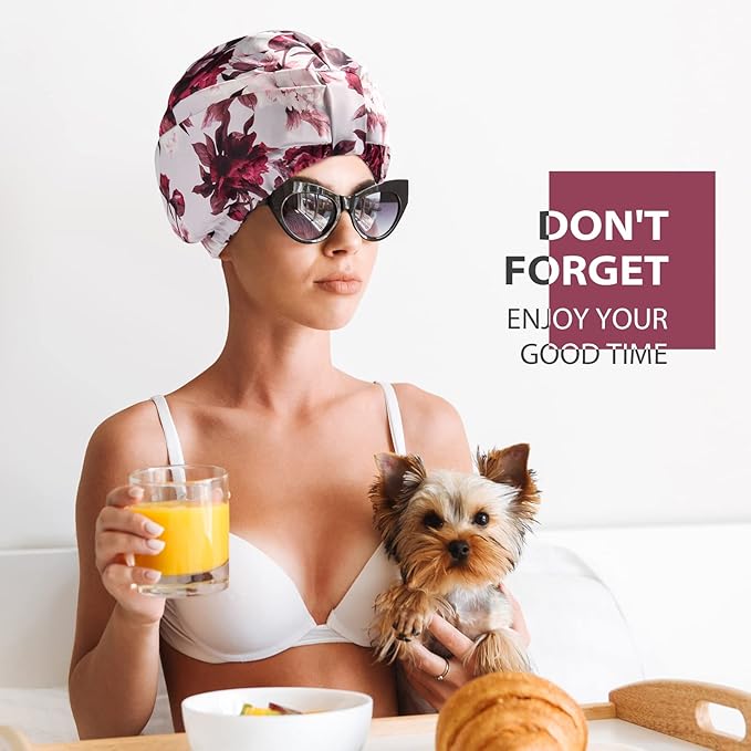 INNELO Luxury Shower Cap for Women Reusable Waterproof, Double Layered Shower Hair Cap with Adjustable Elastic Strap, Large Satin Lined Shower Bath Cap for Long Curly Straight Hair, Pink-Flower