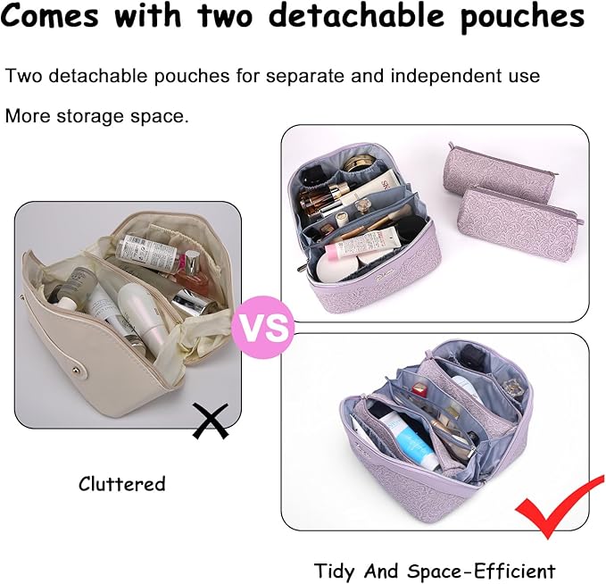 BOYATU Travel Makeup Bags for Women: Vegan Leather Cosmetic Bag Set of 3 - Large Capacity Make up Bag with Divider - Wide Open Waterproof Toiletry Organizer Bag with Handle (L12-Violet)