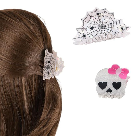 2 Pcs Halloween Hair Claw Clips for Women Girls, White Skull Spider Web Claw Clips, Cute Hair Clips with Glitter Sequin Design, Halloween Hair Accessories for for Thick and Thin Hair