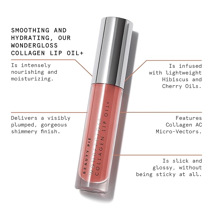 Beauty Pie Wondergloss Collagen Lip Oil + Nude Nectar 0.13 fl oz – Hydrating, Plumping, Non‑Sticky Lip Oil Gloss Hybrid with Collagen AC Micro‑Vectors & Cherry Hibiscus Oils