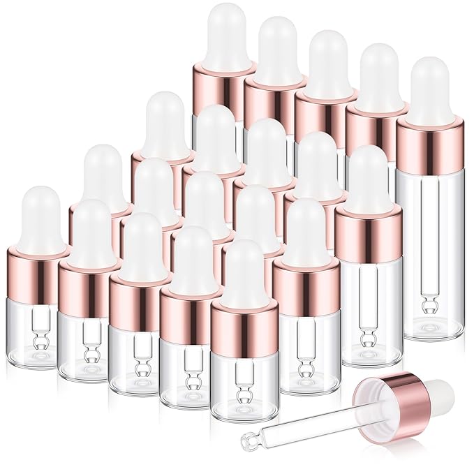 20 Pcs Mini Glass Oil Dropper Bottle Bulk, Clear Essential Small Empty Bottles Sample Containers Perfume Liquid Vials with Cap for Traveling (1ml,2ml,3ml,5ml,Rose Gold)
