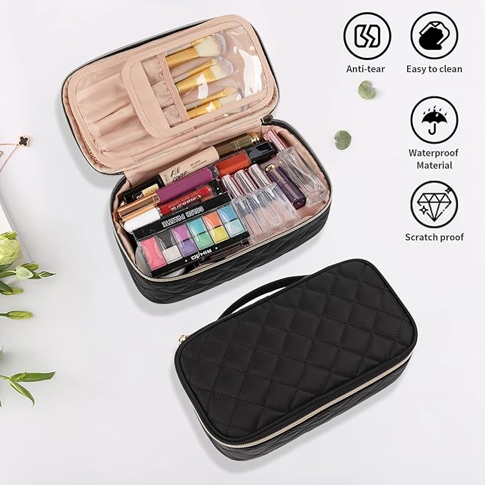 OCHEAL Small Makeup Bag,Portable Cute Travel Makeup Bag Pouch for Women Girls Makeup Brush Organizer Cosmetics Bags with Compartment-Nylon Black