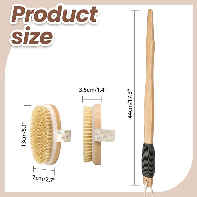 Wood Body Brush Set,20.6’’ Long Handle Bath Body Back Scrubber Soft & Stiff Bristles Detachable 2 Brush Heads Gentle Exfoliator Remove for Wet & Dry Use