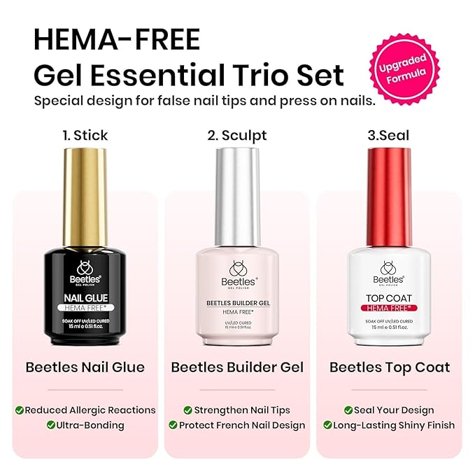 Beetles 4Pcs HEMA-Free Nail Extension Kit, 15ml Gel Nail Glue, No Wipe Top Coat, Builder Nail Gel & Liner Brush, Long Lasting for Clear Press-On Nails, DIY Home Gift for Women, U V Light Required