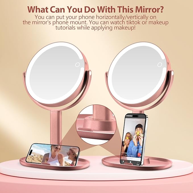 MIYADIVA Makeup Mirror with Lights,20X Magnifying Mirror with Light and Touch Switch, 2-Sided Vanity Mirror with 3 Colors and 80 LEDs, Metallic Rose Gold