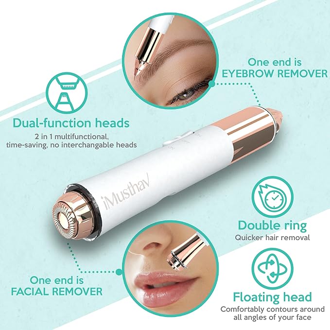 2 in 1 Eyebrow and Facial Hair Remover for Women Painless Flawless Electric Razor Epilator Trimmer Shaver with 18K Gold-Plated, USB Rechargeable, 360° LED for Eyebrow and Face Hair Removal