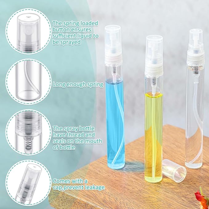 Zhehao 50 Pcs Mini Spray Bottles 10 ml Clear Glass Perfume Bottles Refillable Fine Mist Perfume Atomizer Portable Empty Sample Containers for Cleaning, Essential Oils, Travel (Clear Cap)