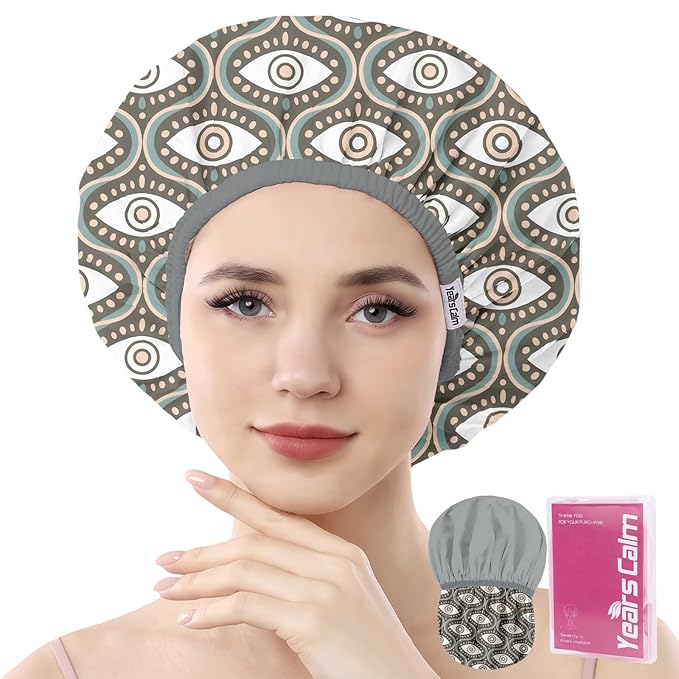 Years Calm Evil Eye Shower Caps for Women Reusable Waterproof, Pattern and Solid Color Dual-Layer Design, Hair Cap for Shower with Elastic Band, Fits Braids, Dreadlocks & Long Hair (Gray)
