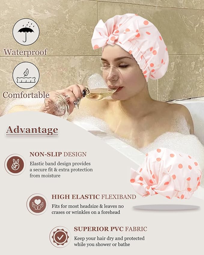 Shower Cap Luxury Shower Caps for Women Reusable Waterproof Hair Cap for Shower with Adjustable Bowknot Hair Bath Cap (Pink)