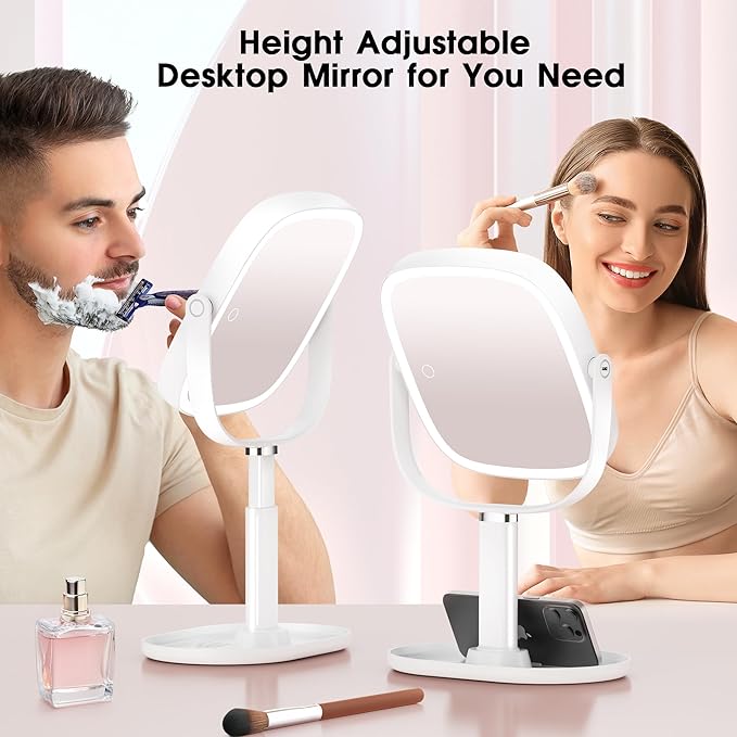 Makeup Mirror with Lights - 10x/1x Magnifying Mirror with Light, Rechargeable Desk Mirror with 3-Color Lighting & Memory Function, 360° Adjustable Table Mirror, Gift for Women (White)