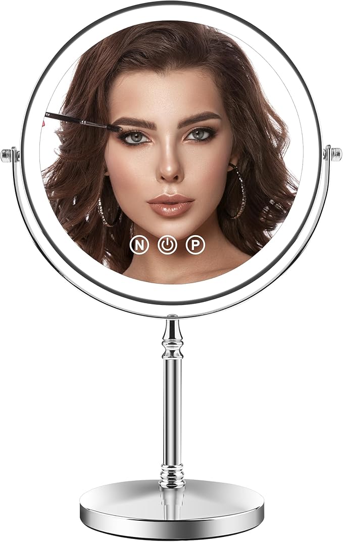 9" Large Lighted Makeup Mirror, 1X/10X Magnifying Makeup Mirror with 3 Colors Dimmable Lightning, 80 LED Lights, 360°Rotation Double Sided Standing Vanity Mirror