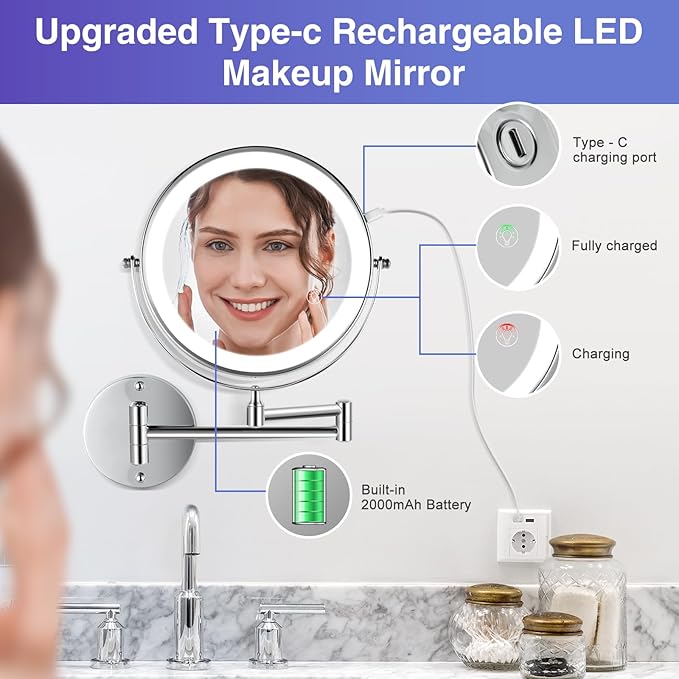 Wall Mounted Lighted Makeup Mirror: 8.5 Inch Double Sided Makeup Mirror with 1X/15X Magnification for Vanity, Bathroom, and Shaving - Chrome