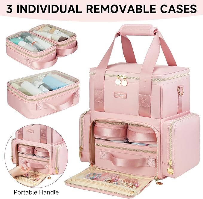 Extra Large Makeup Bag,4 in 1 Cosmetic Storage Organizer Travel Case with Detachable Pouches and Dividers,Pink